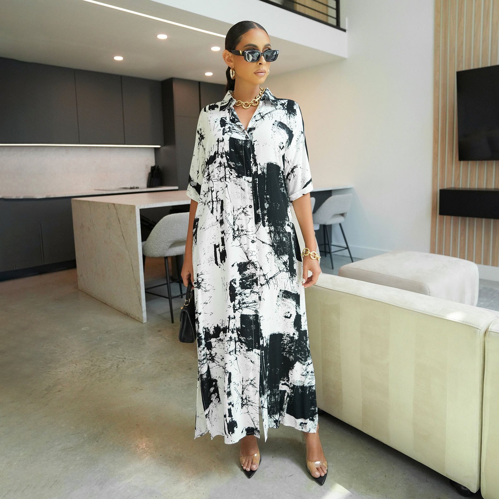 Holidays print women's Casual Turndown Collar short sleeve loose shirt dress 7