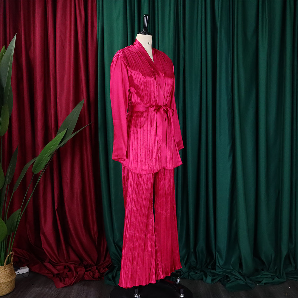 Women's Solid Color Pleated Loose Long Sleeve Lace-Up Shirt-Pants Two-Piece Set 13