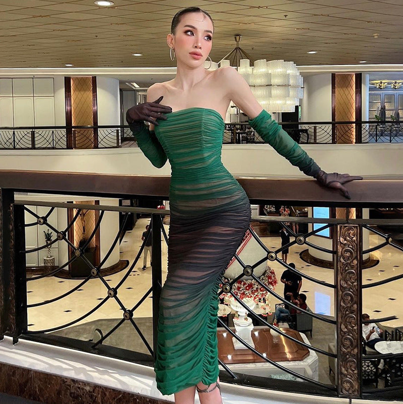 Women Mesh Gradient Off Shoulder Strapless Backless Dress 6