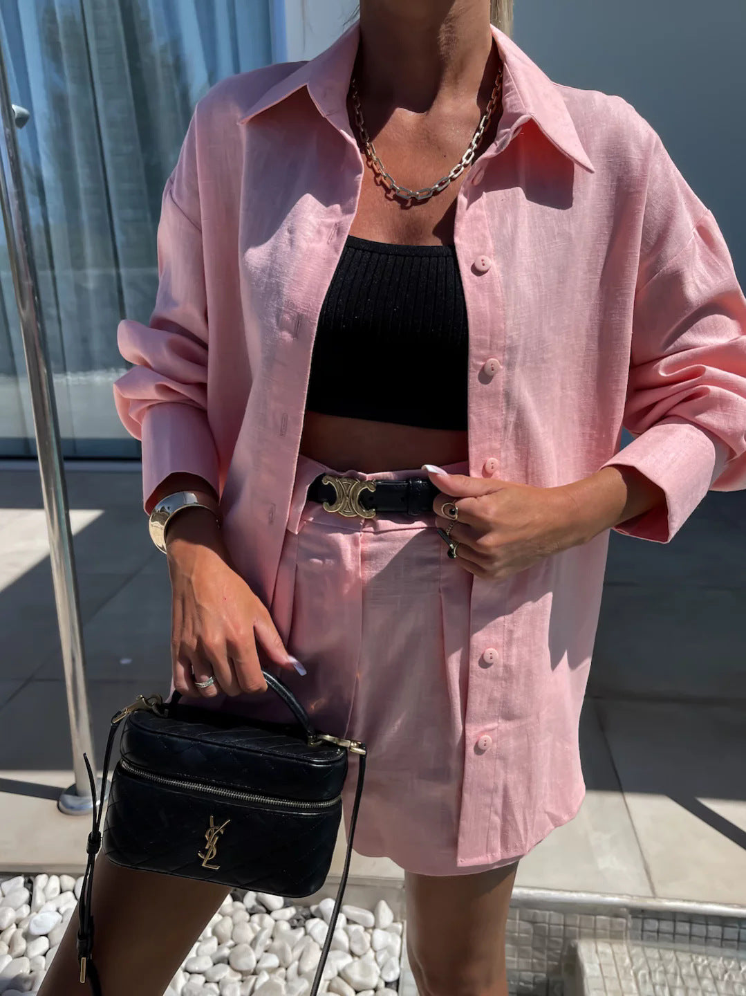 Summer Fashion Casual Summer Women's Long Sleeve Loose Shirt Shorts Two Piece Set 4