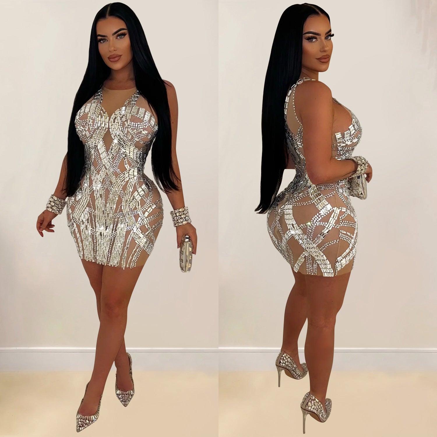 Women Solid mesh Beaded Mini Dress 5