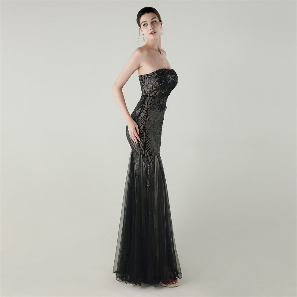 Women Strapless cross Lace-Up sequined tube flower sequined mesh evening dress Formal Party evening dress 100