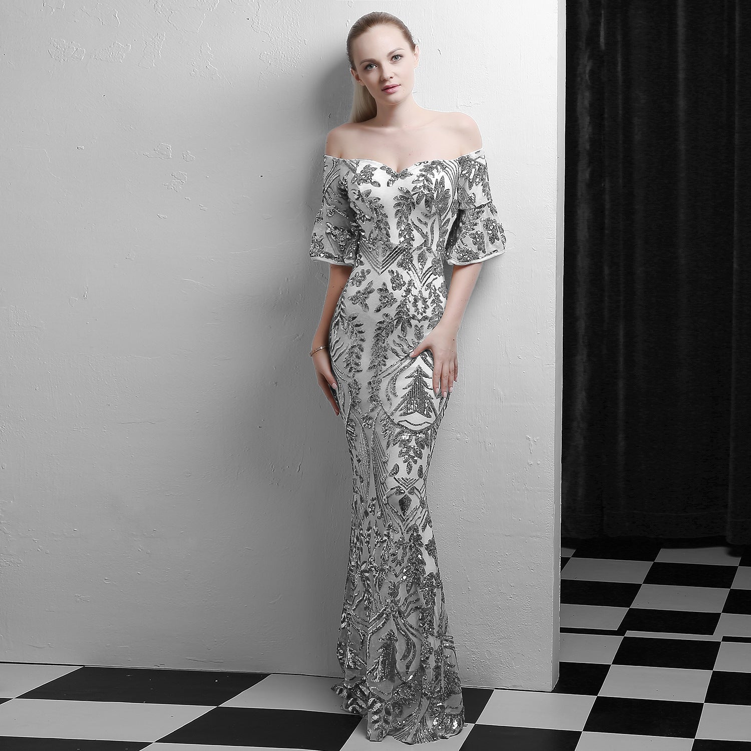 Women Elegant Off Shoulder Half Sleeve Sequins Party Evening Dress 7