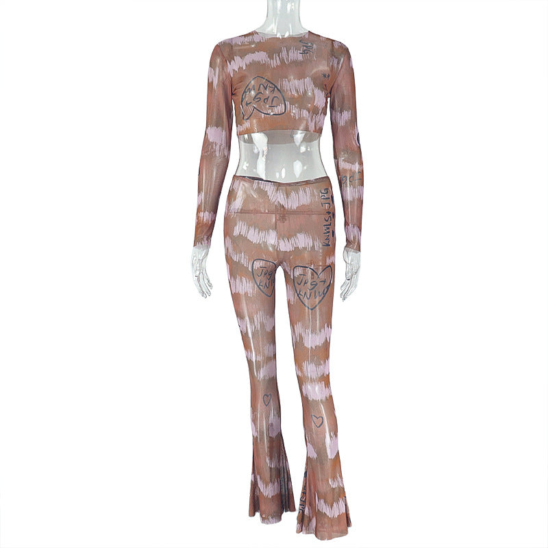 Women's Casual Micro-Transparent Sexy Slim Short Top & Long Pants Two Piece Set 8