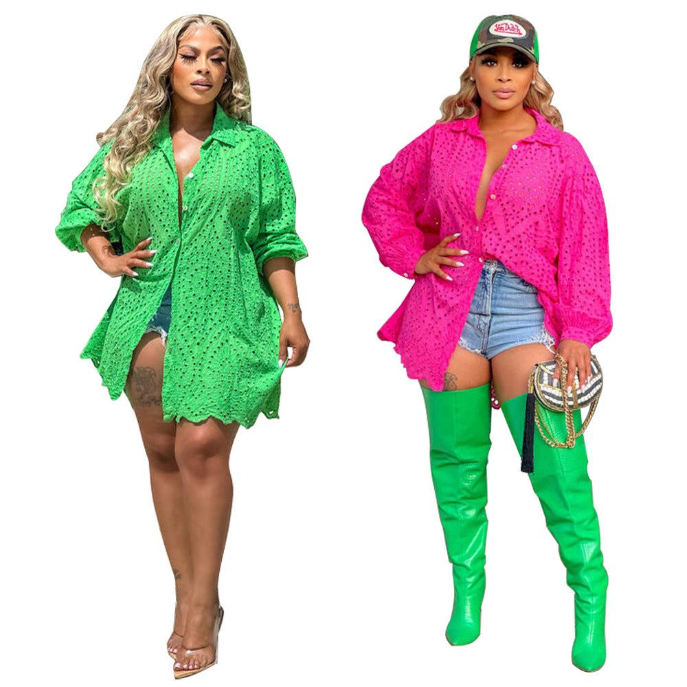 Women Clothes Fashion Solid Cutout Casual Shirt Dress