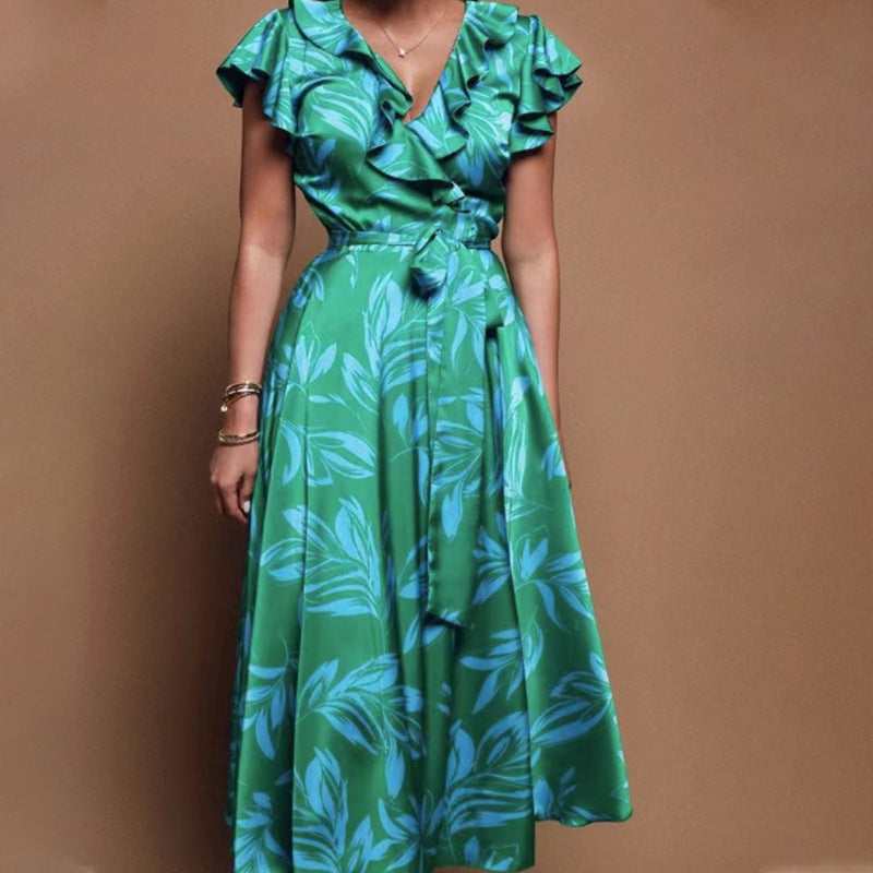 Women printed v-neck puff sleeves leaf slit dress 4