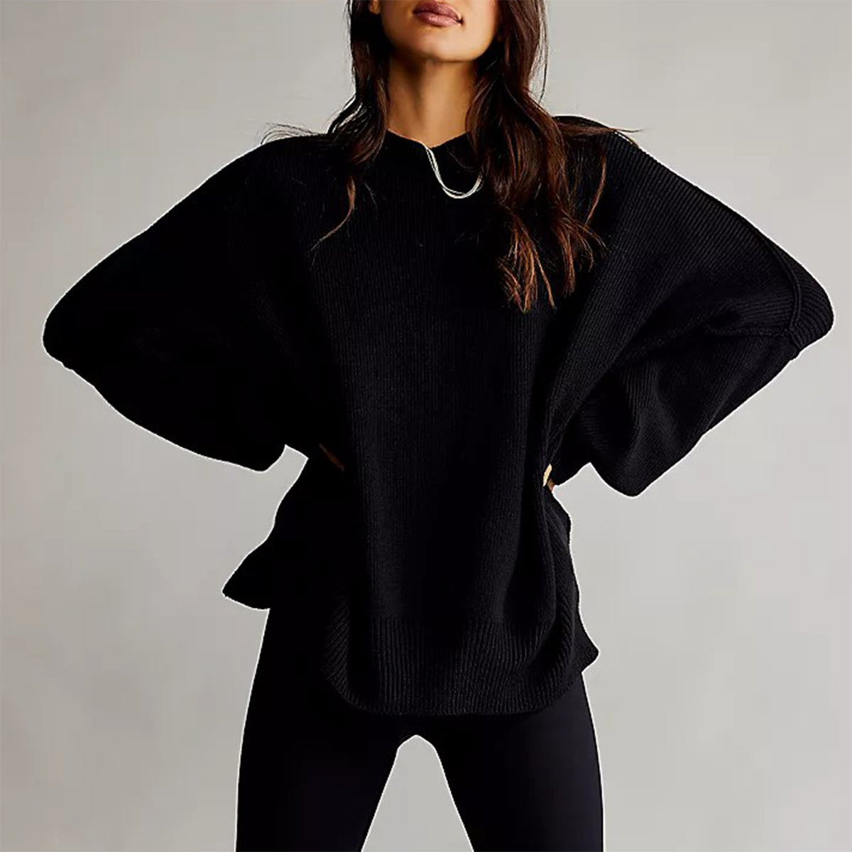 Women Autumn and Winter Loose Knitting Long Sleeve Slit Round Neck Sweater 8