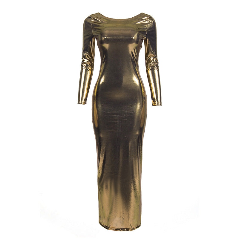 Women Summer Solid Round Neck Long Sleeve Bodycon Backless Maxi Dress 7