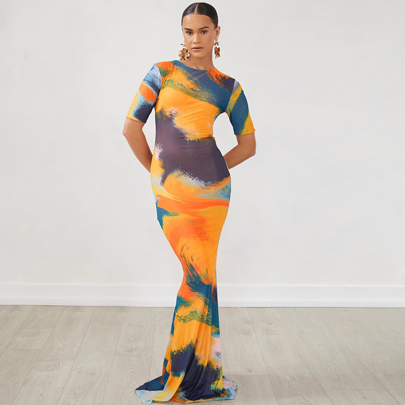 Women's Fashion Printed Round Neck Short Sleeve Street Casual Long Dress 5