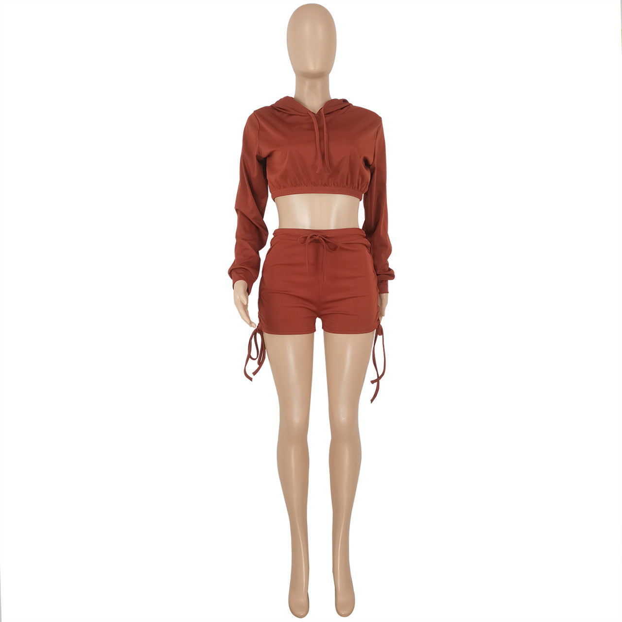 Women Casual Solid Lace-Up Drawstring Long Sleeve Top and Short Two-Piece Set 11