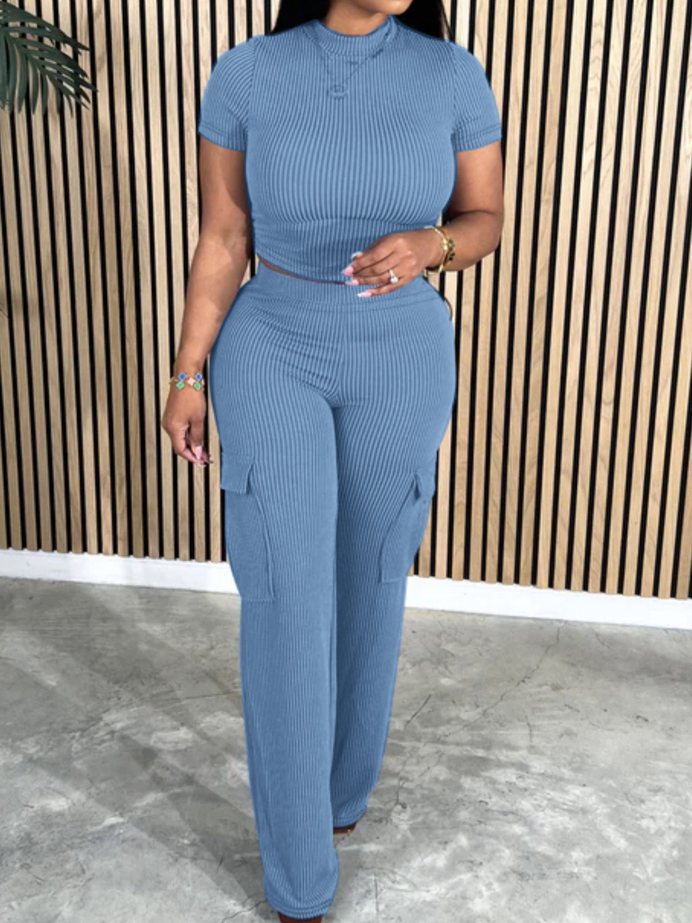 Women Casual Top and Pocket Pant Two-piece Set