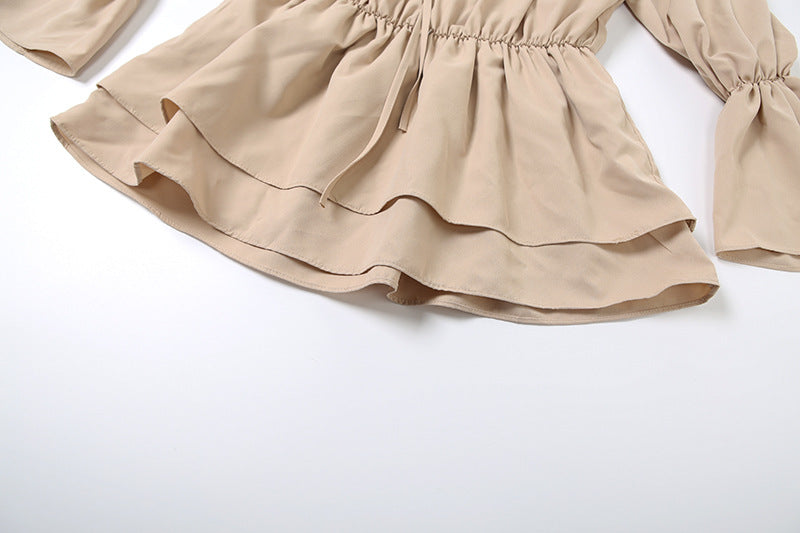 Women's Autumn Sexy Solid Color Off Shoulder Low Back Loose Lace-up Belt Bell Sleeve Dress 19