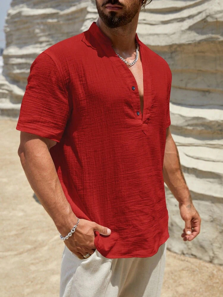 Men's Solid Stand Collar Short-Sleeve Fashion Shirt 17