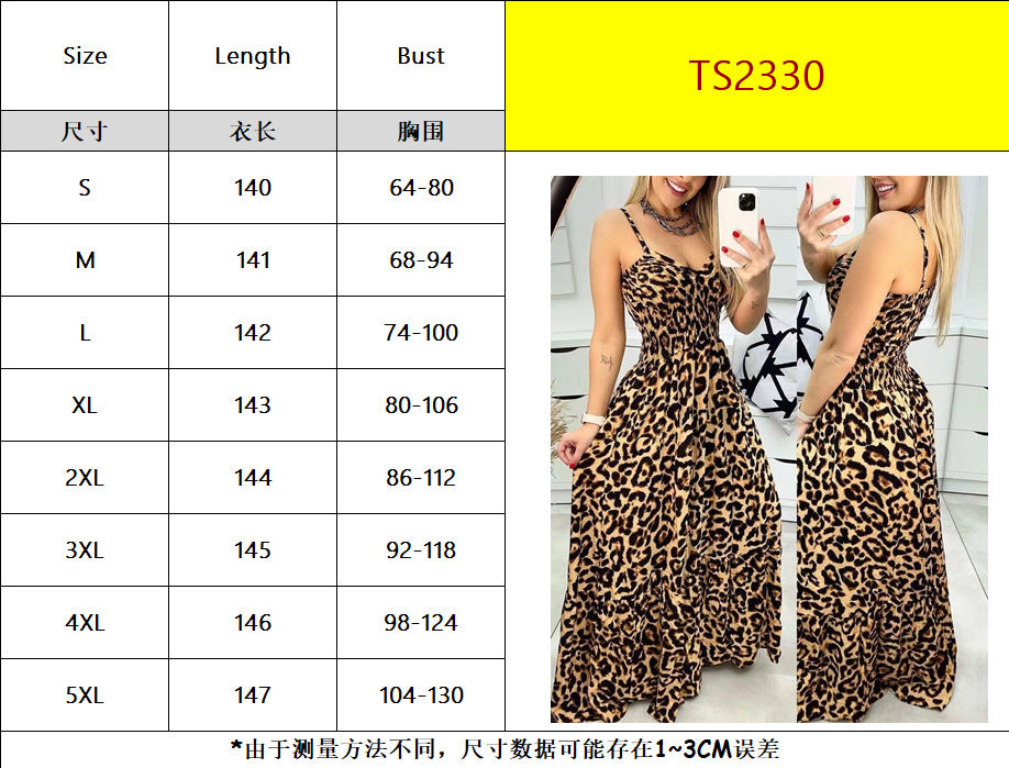 Summer Leopard Print V Neck Dress High Waist Sexy Chic Fashion Long Dress 15