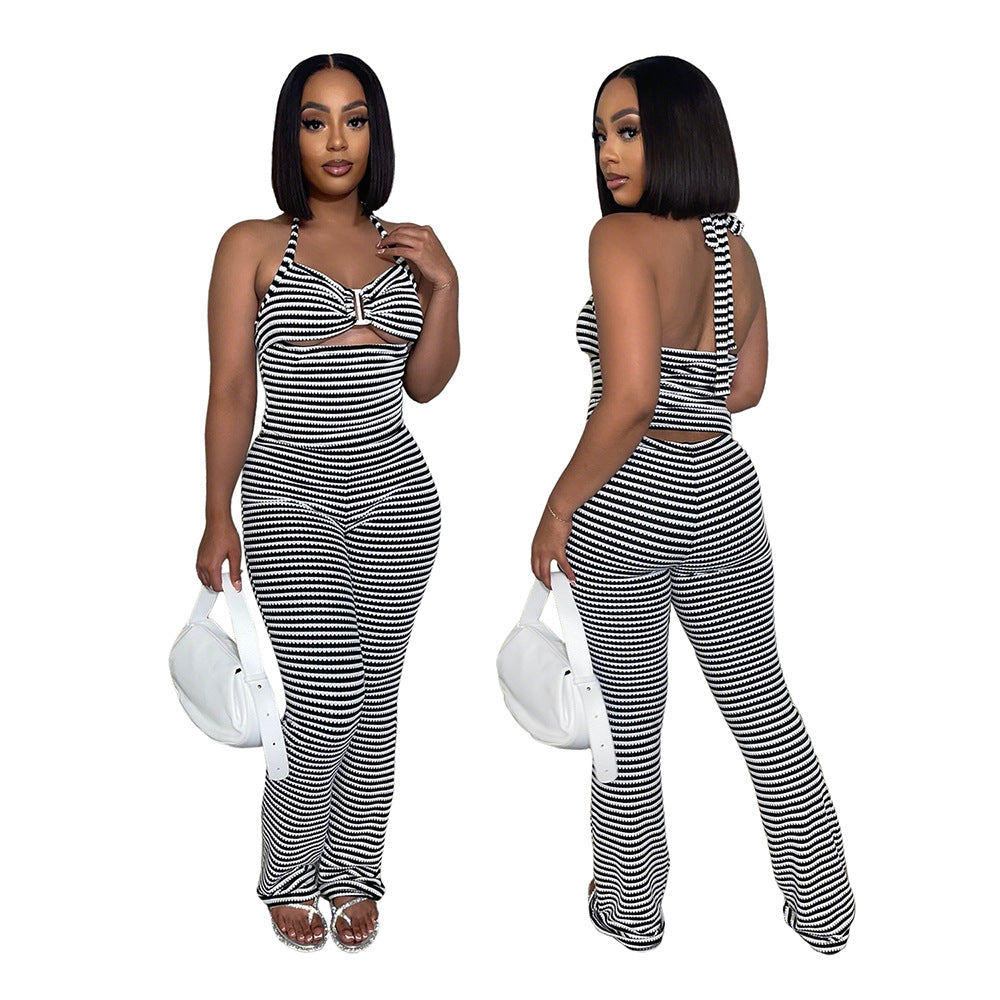 Women jacquard striped lace-up Crop Top and pencil pants two-piece set 3