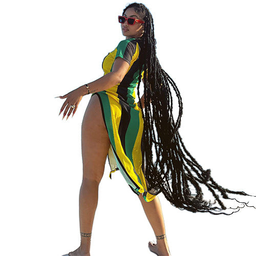 Women's summer short-sleeved striped color-block slit dress 6