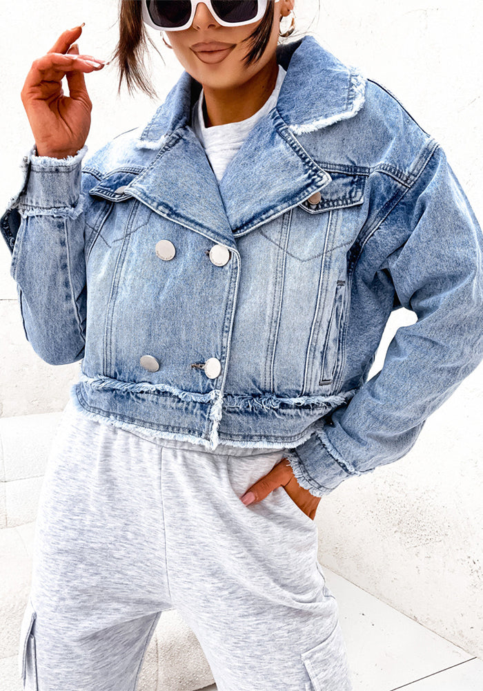 Women Collar Washed Raw Edge Denim Long Sleeve Jacket