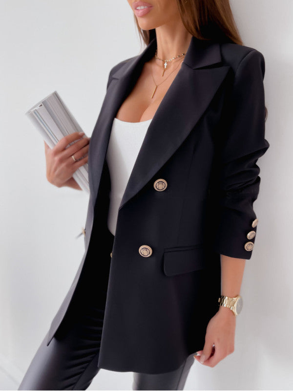 Women Fall/Winter Double-breasted Solid Blazer Coat 4