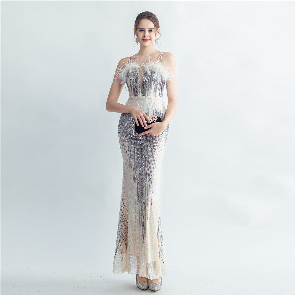 Elegant Formal Party sequins feather straps evening dress 7
