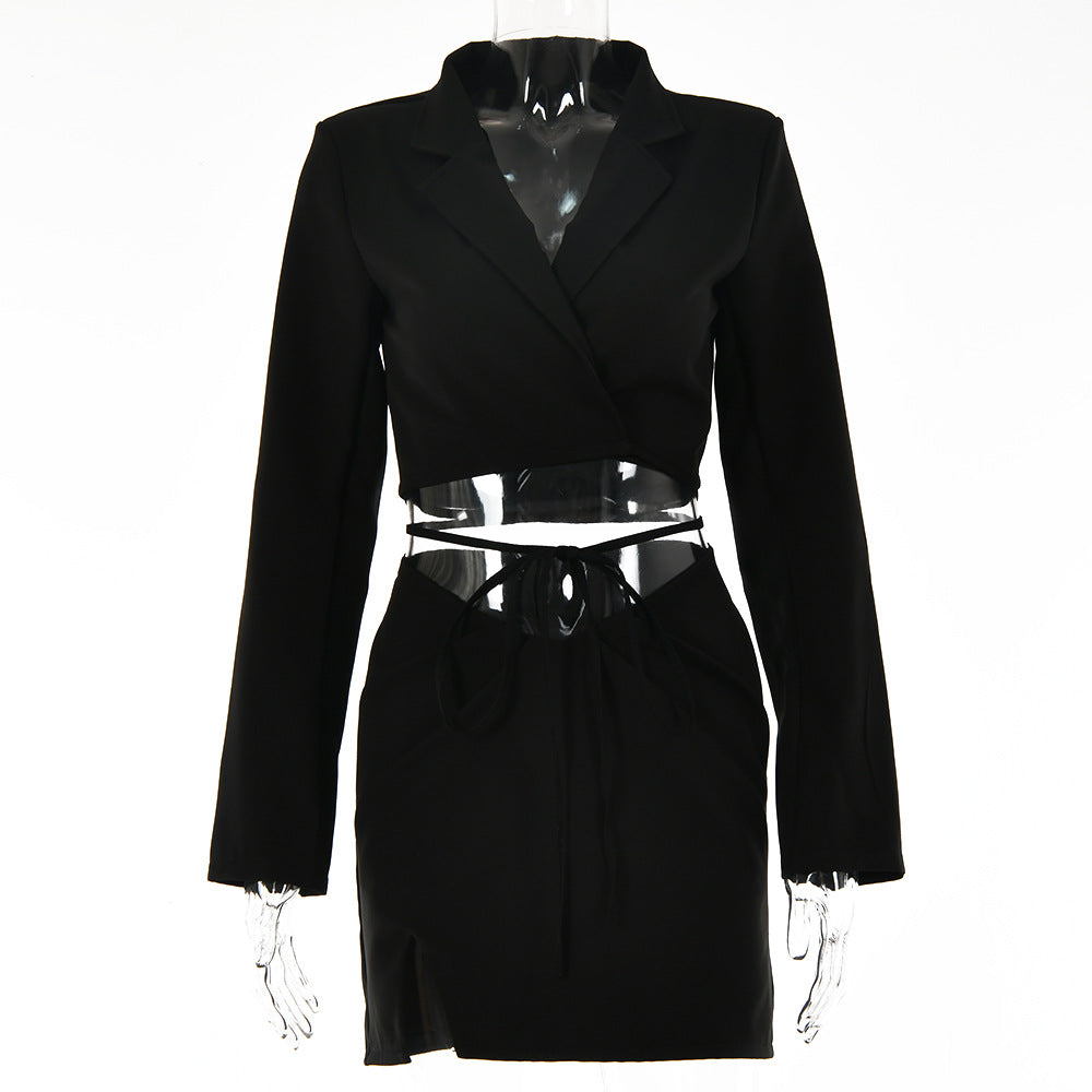 Women Sexy Lace-Up Blazer and Slit High Waist Skirt Two Piece Set 6