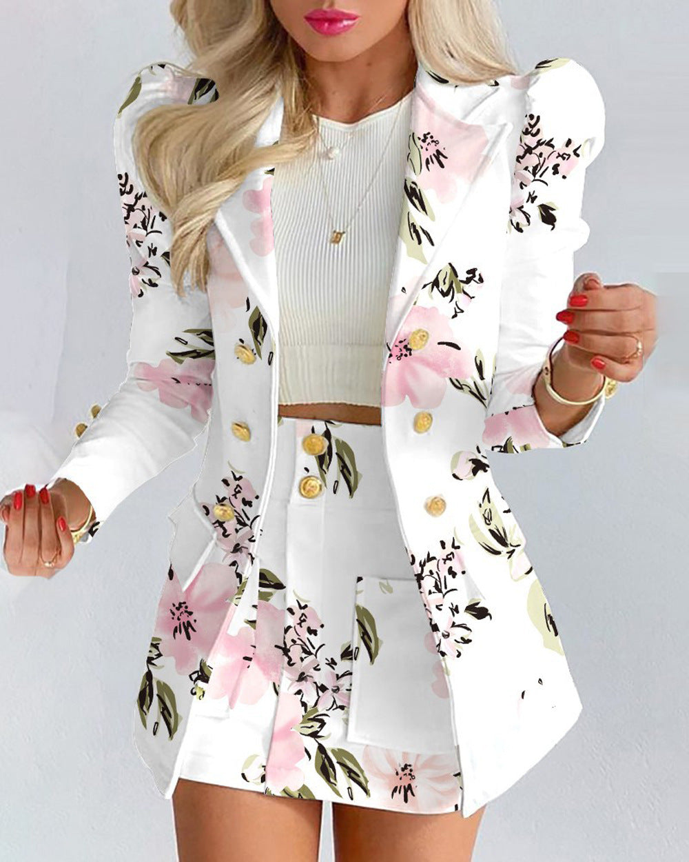 Women Printed Elegant Career Blazer and Print Skirt Two-Piece Set 4