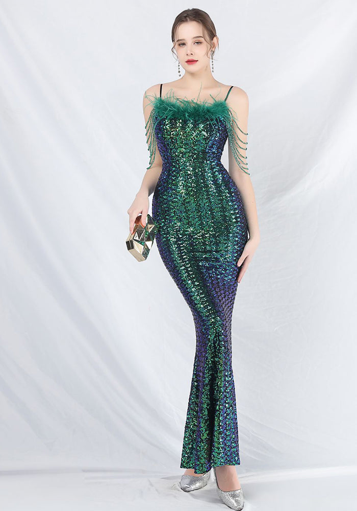 Women beaded ostrich feather phantom sequin Maxi evening dress