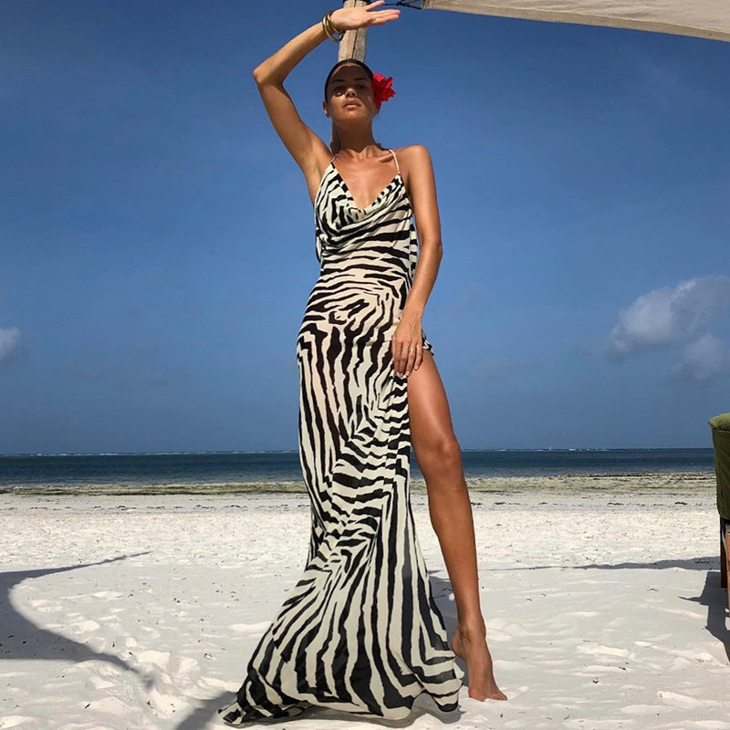 Women autumn zebra print slit lace see-through sexy holidays Dress