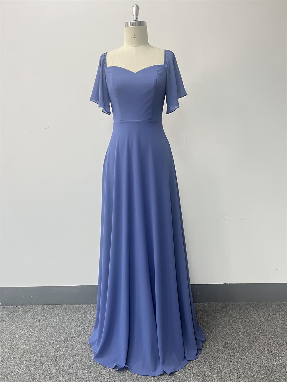 Chiffon Short Sleeve A-Line Dress Low-Back Elegant Evening Gown 7