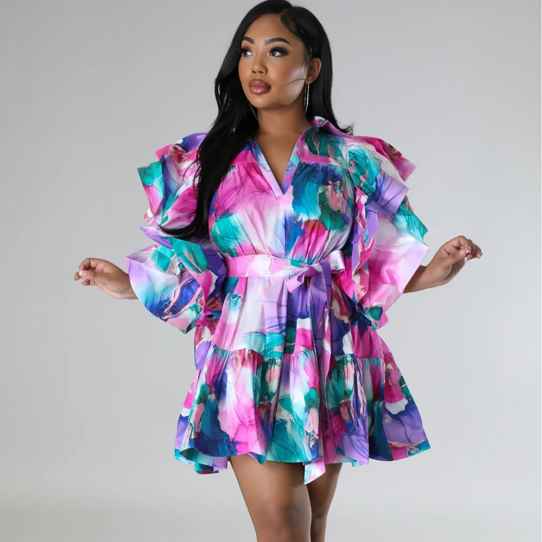 Women ruffled v-neck backless lace-up printed dress 6