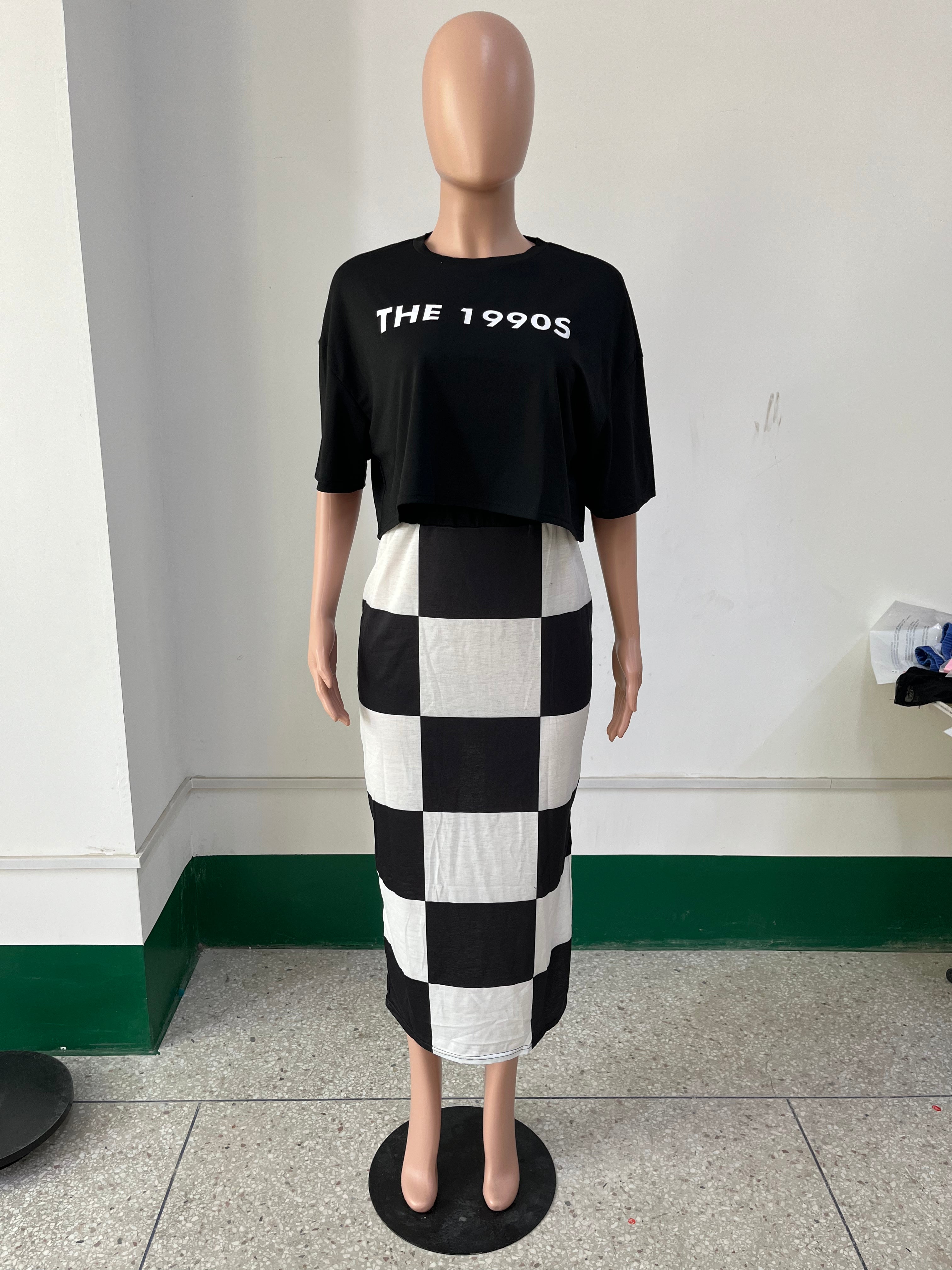 Spring/Summer Black And White Gingham Print Casual Two-Piece Skirt Set 13