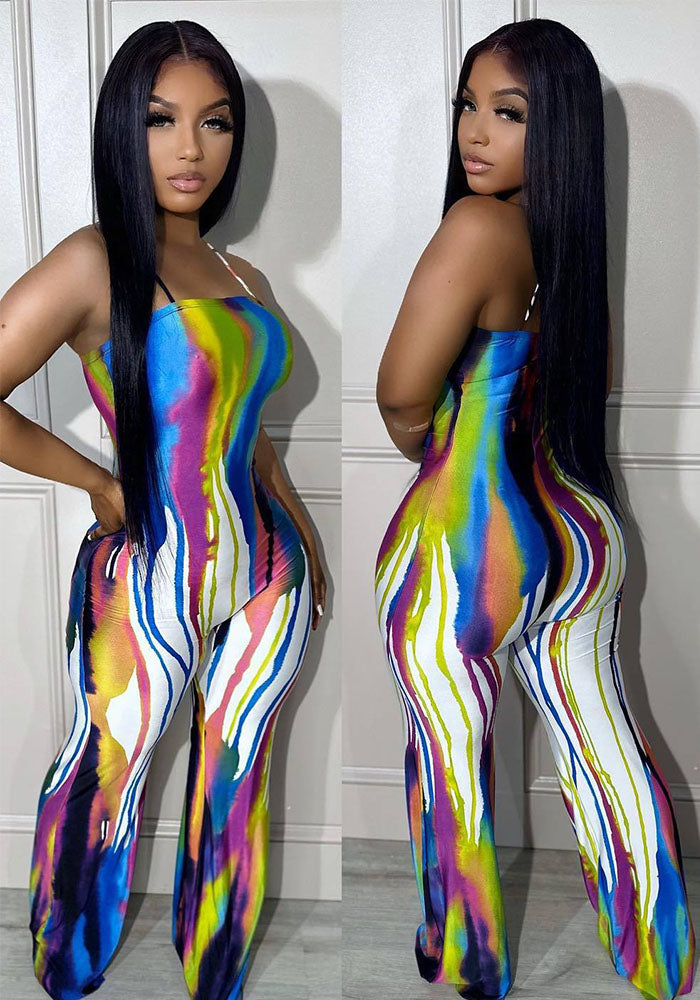 Sexy Suspender Graffiti Positioning Print Wide Leg Jumpsuit