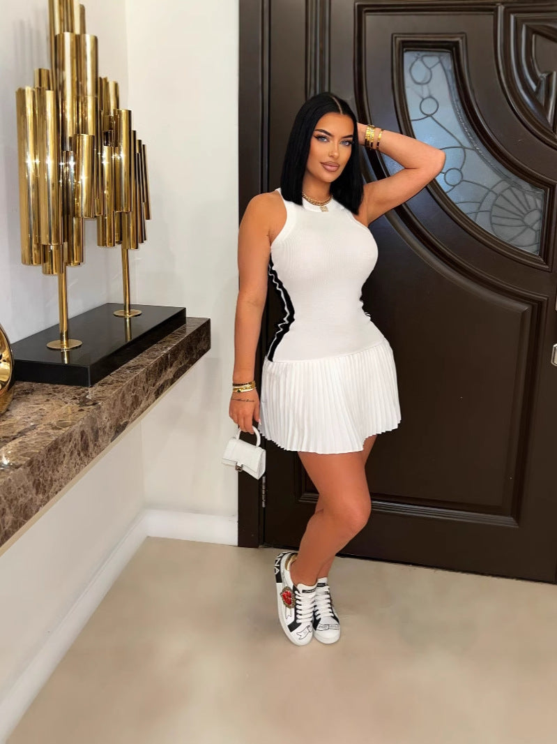 Women Summer Ribbed Casual Sleeveless Pleated Dress 8