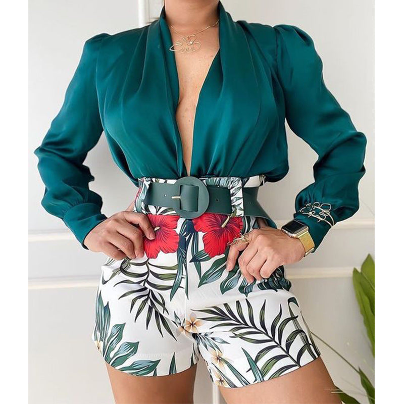 Spring Women's Casual Suit V-Neck Long Sleeve Solid Color Shirt Top Printed Shorts Two-Piece Set 11