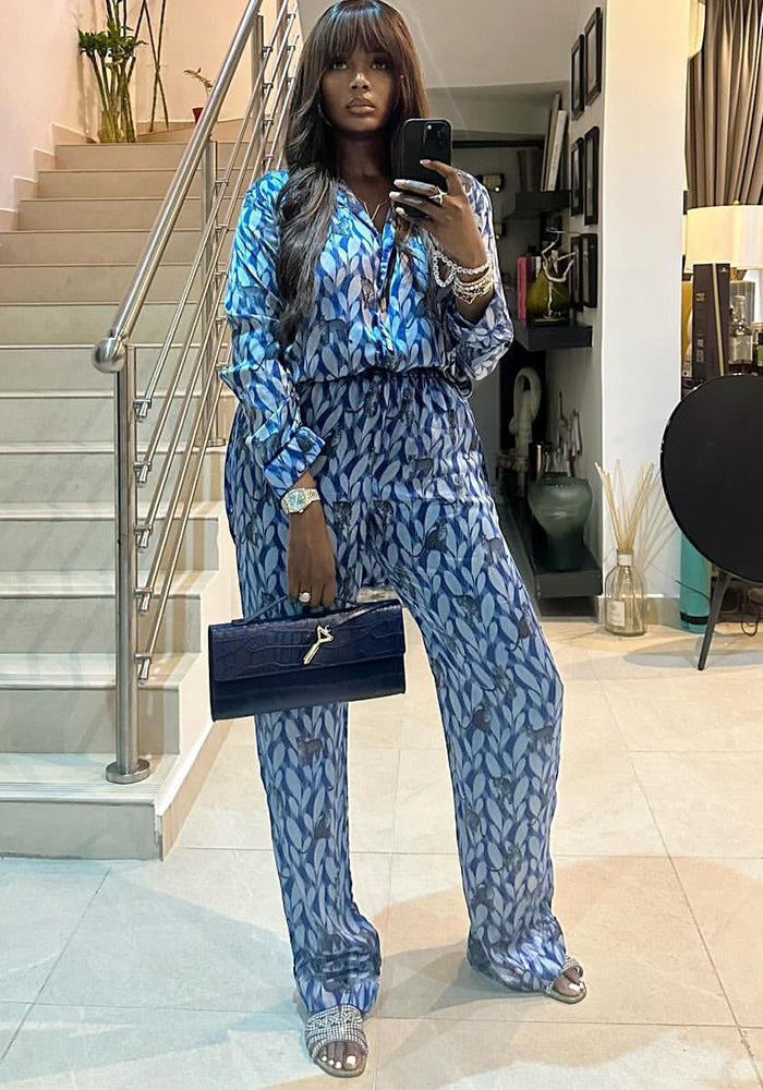 Spring Autumn African Print Casual Shirt Trousers Two-Piece Set