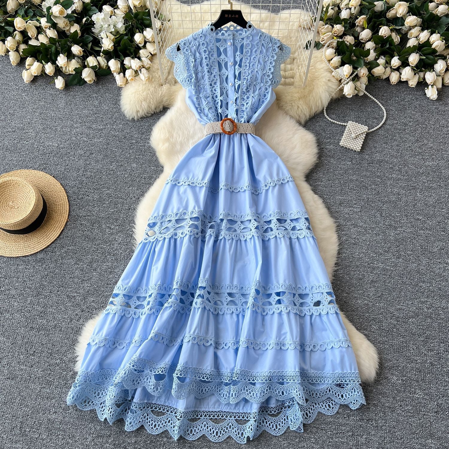 Women Vintage French Elegant Cutout Lace Patchwork Sleeveless Dress 10
