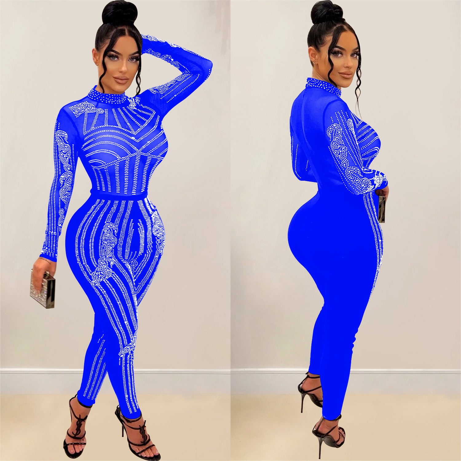 Women Solid Mesh Beaded Long Sleeve Jumpsuit 4