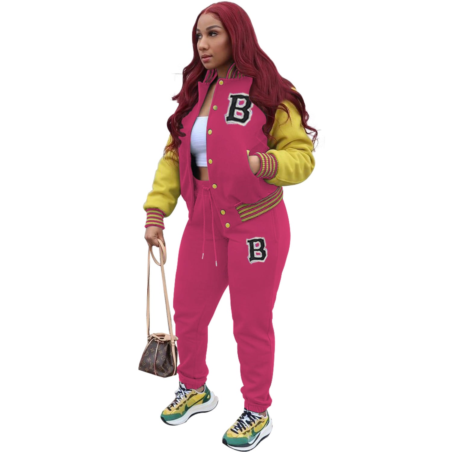 Women Letter Baseball Jacket and Pant Two-Piece Set 14