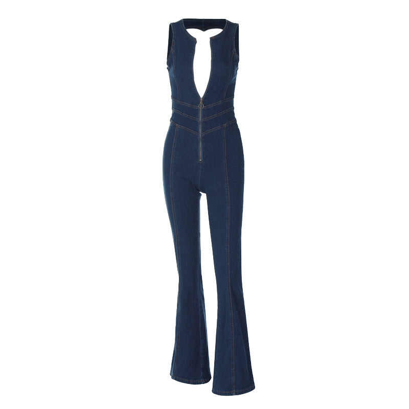 Women's Summer Slim Fit Fashion Low Back Retro High Waist Denim Jumpsuit 6