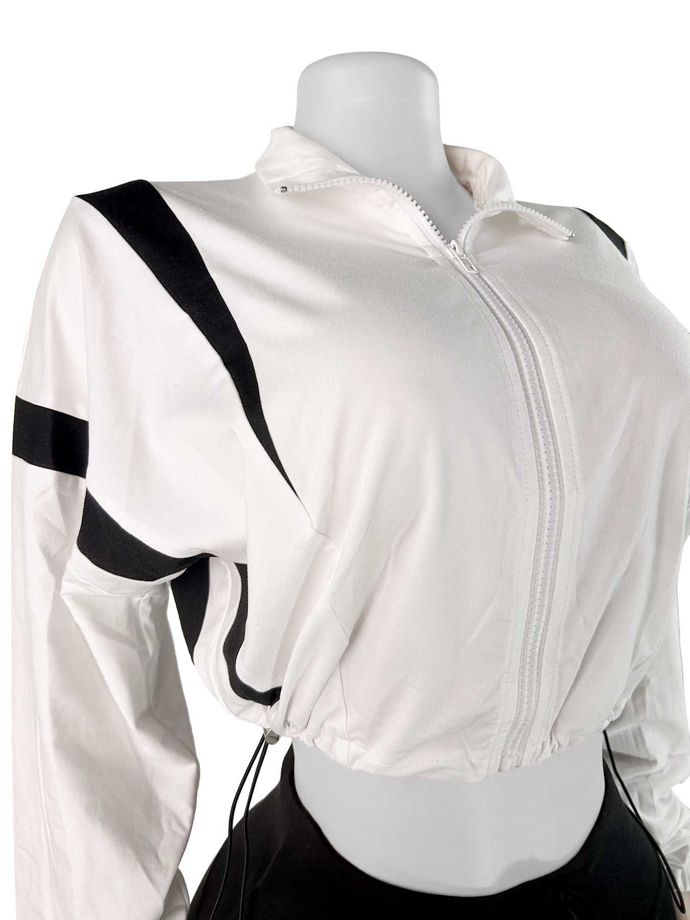 Fashion women's contrast color drawstring Slim Waist zipper Crop long sleeve Top shorts set 9