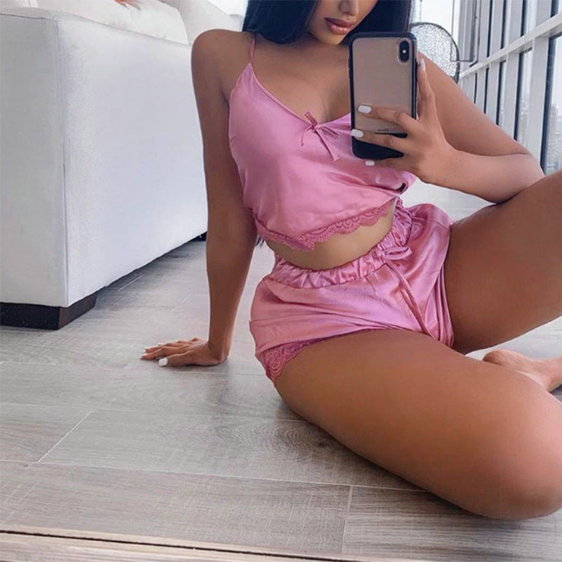 Women Sexy Sleeveless Lace Pajama Two-piece Set 4