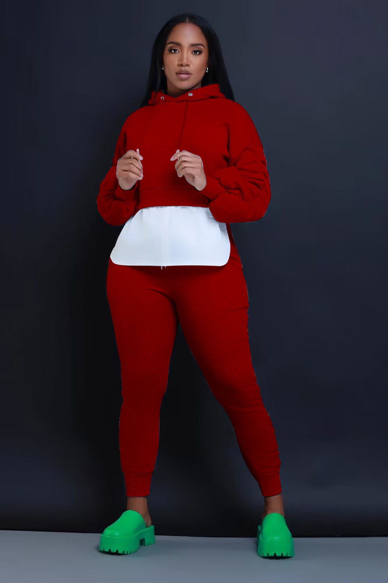 Women Casual Fall/Winter Patchwork Hoodies and Pant Two-piece Set 4