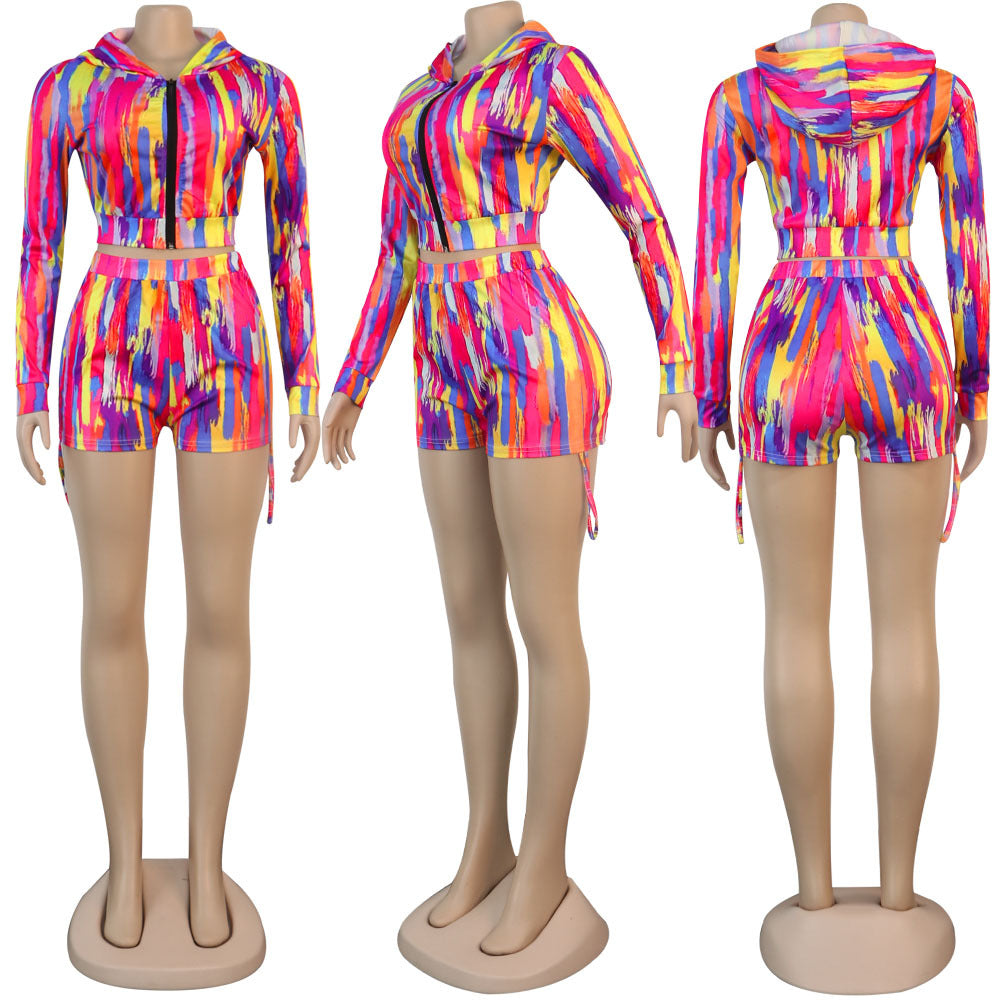 Print Hooded Zipper Long Sleeve Top Shorts Women's Casual Tracksuit 15
