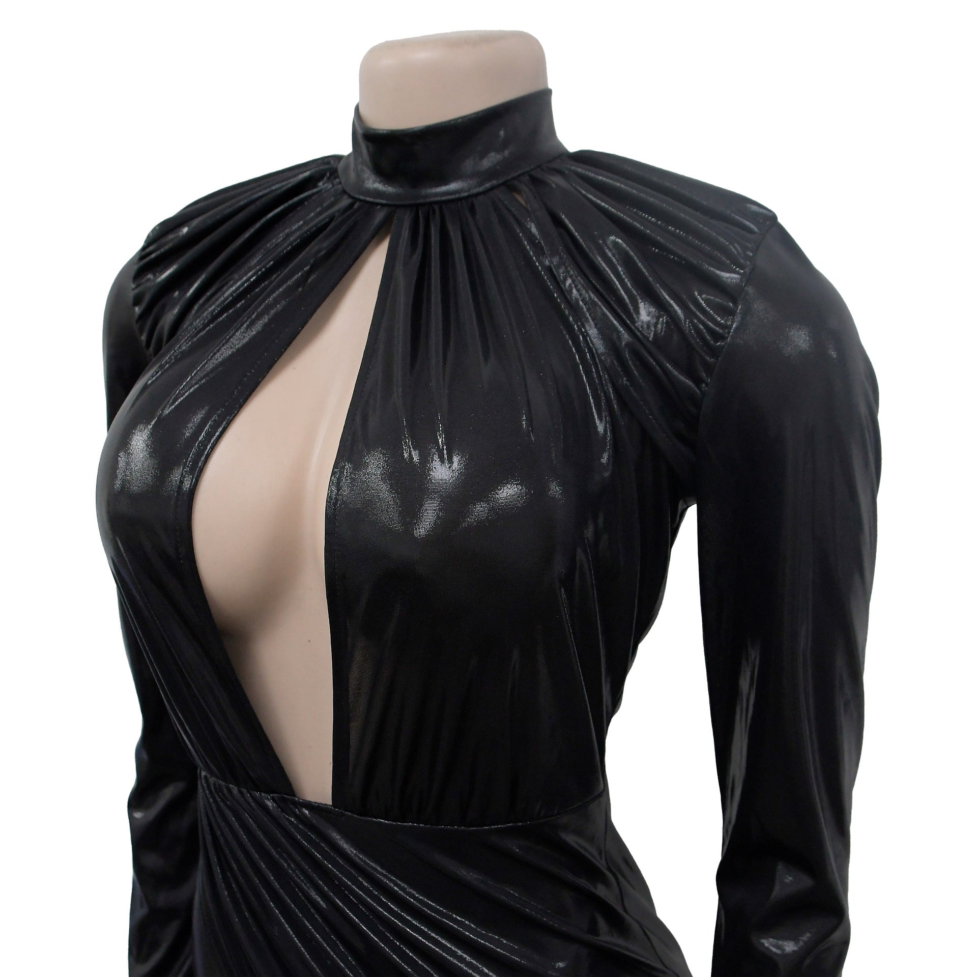 Women Solid Shiny Long Sleeve Pleated Maxi Dress 18