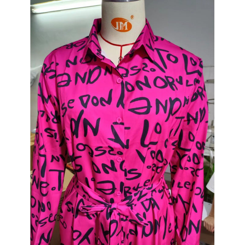 Autumn Women's Ol Chic Printed Turndown Collar Loose Shirt Dress 7