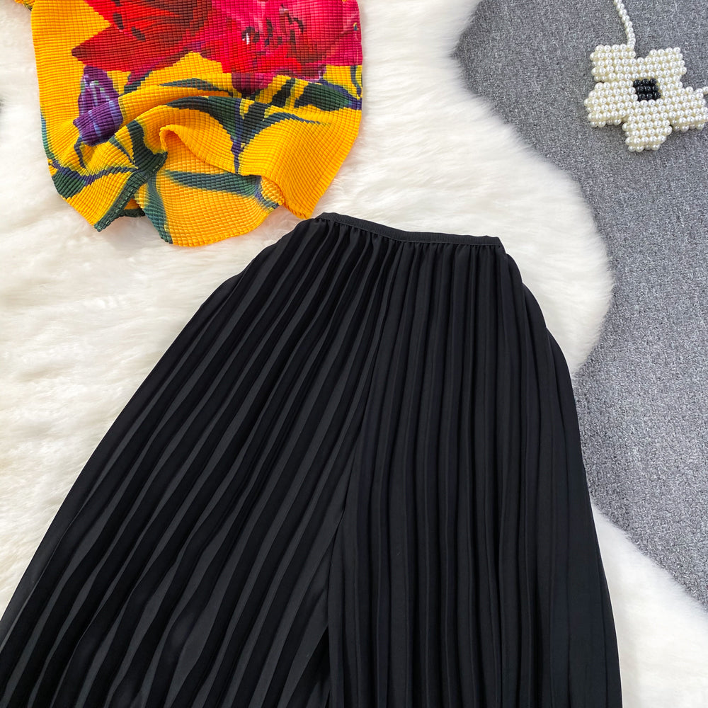 Fashion Women's Short Sleeve Printed Pleated Top High Waisted Slim Fit Wide Leg Pants Two-Piece Set 19