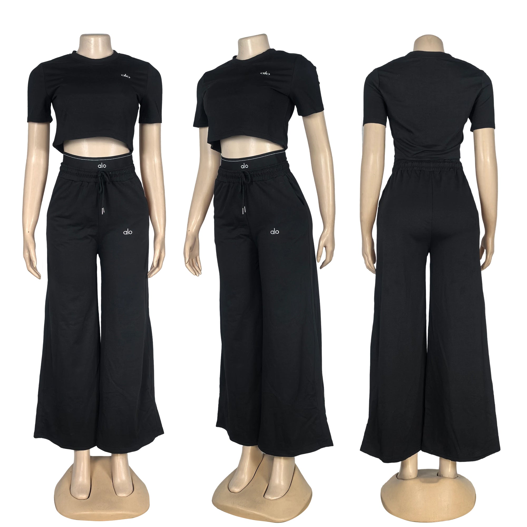 Casual Embroidered Letter Printed Crop T-shirt High-Waist Wide-Leg Pants Set