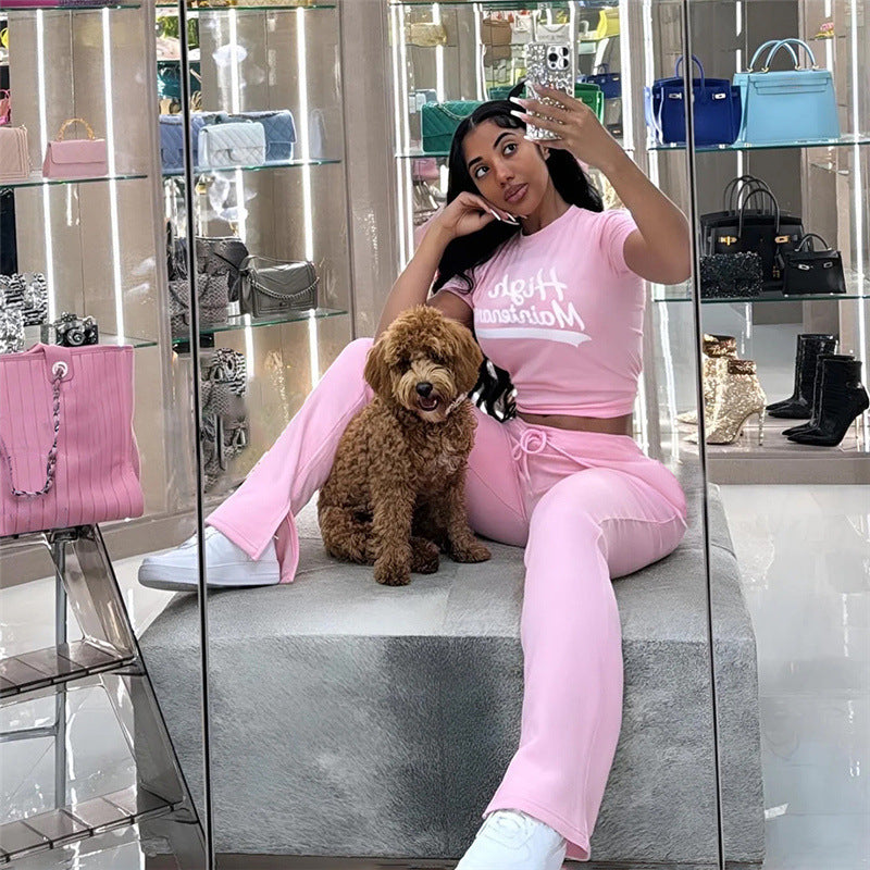 Women Summer Sexy Print Crop Short Sleeve Top and Pants Casual Two-piece Set 3