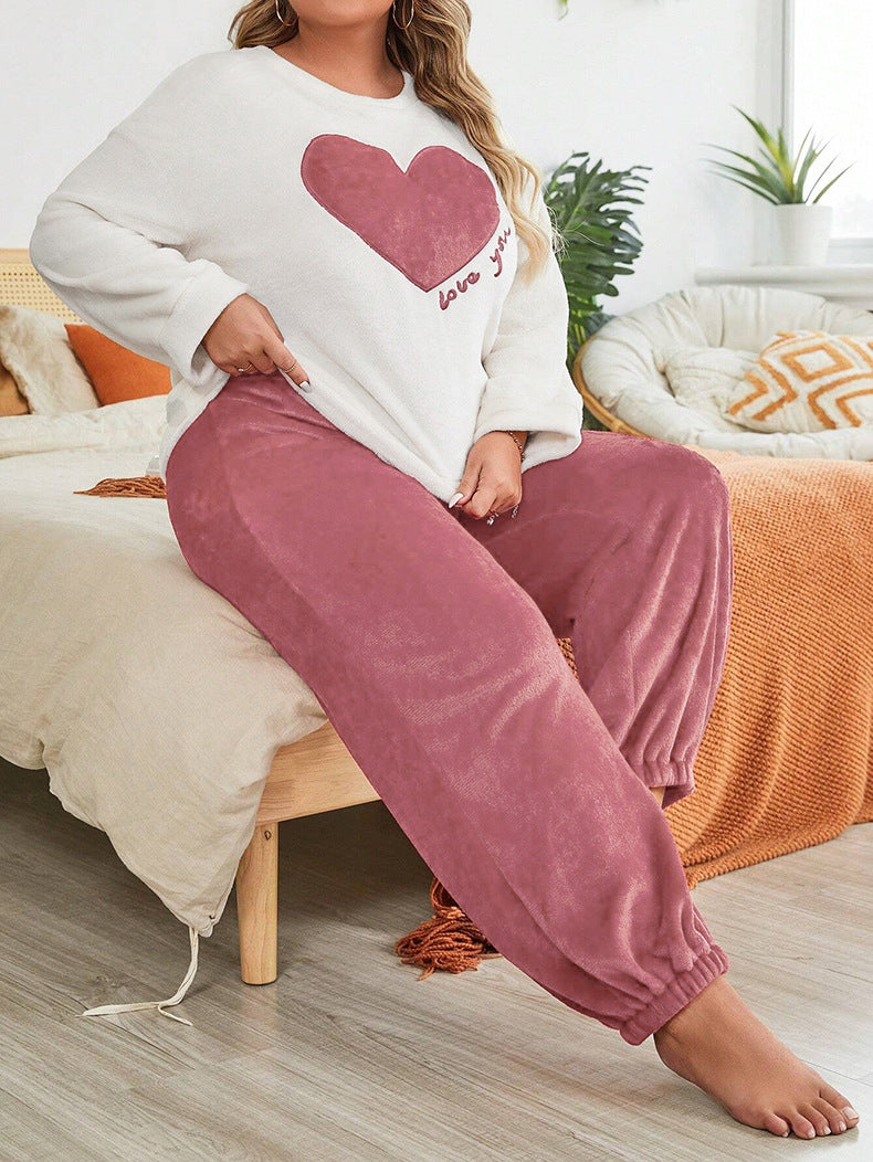 Flannel Heart Printed Casual Long Sleeves Pajamas Set Plus Size Women's Home Clothes 9