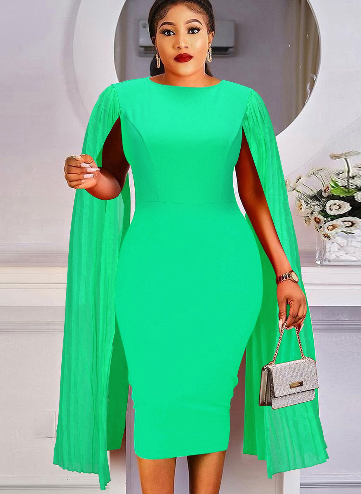 Spring Chic Round Neck Patchwork Pleated Sleeve Bodycon Pencil dress 3