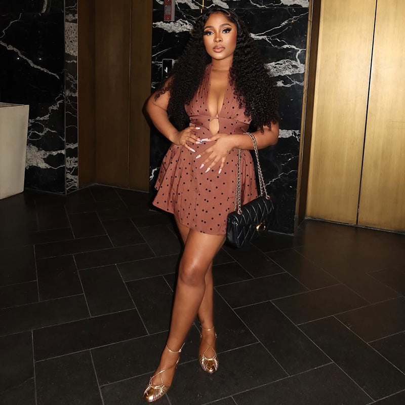 Print Polka Dot Women's Slim Waist Sexy A-Line Pleated Deep V-Neck Sleeveless Short Dress 3